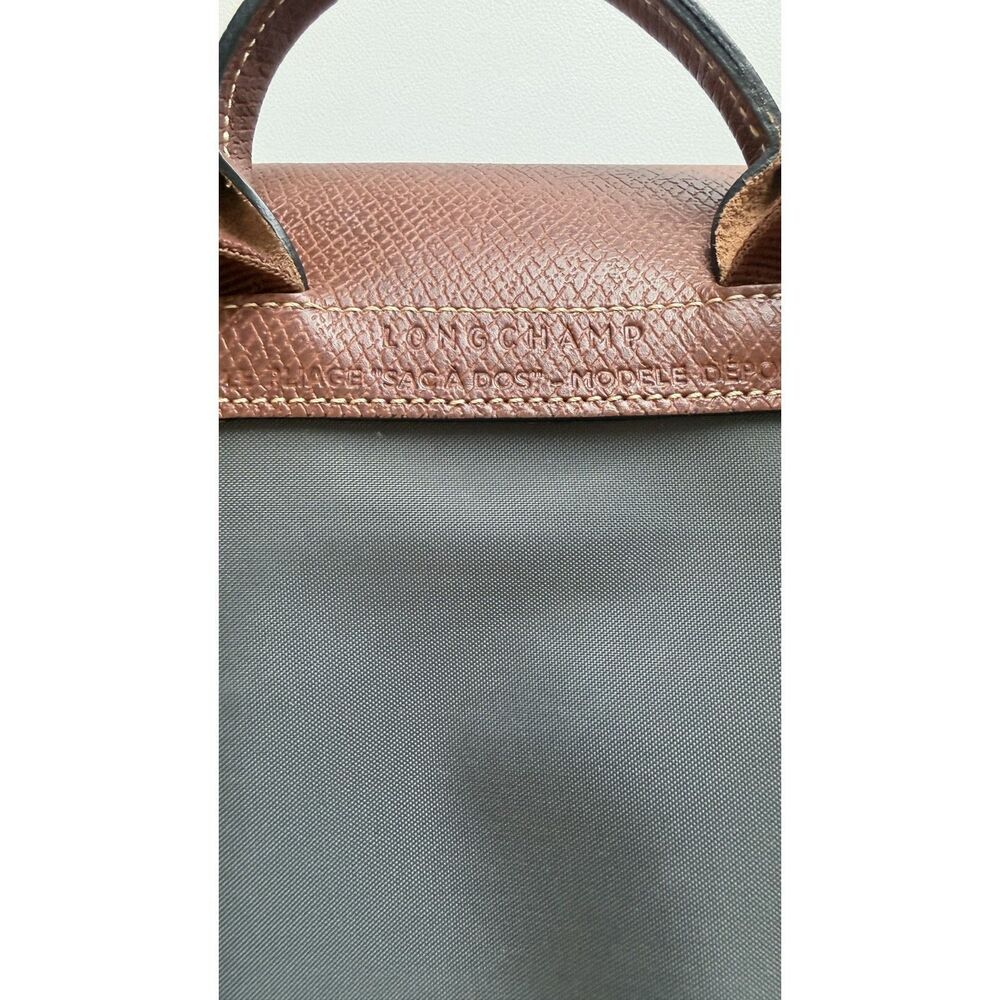 Longchamp Le Pliage Backpack Gray Nylon Brown Leather Travel Daypack Foldable - Picture 5 of 8